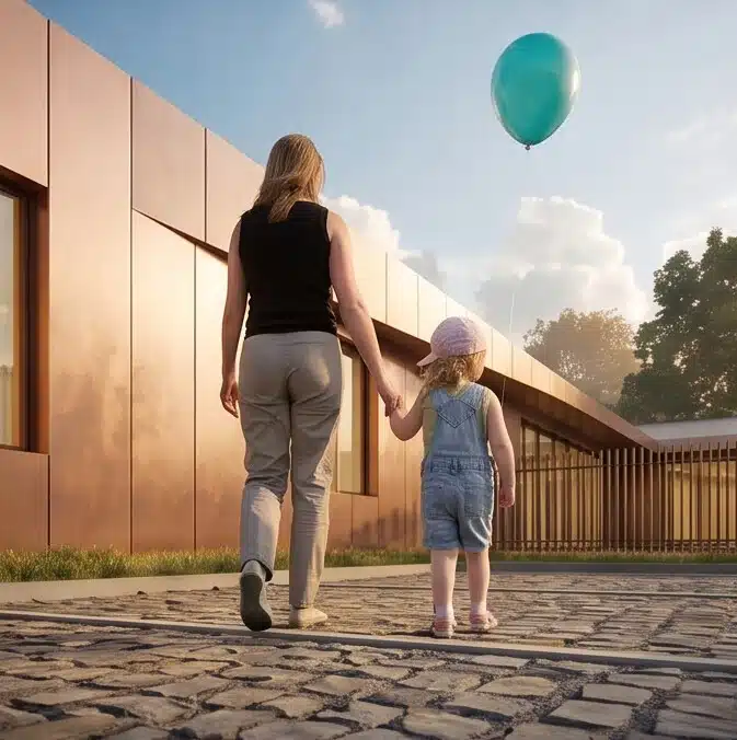 Espace extérieur sécurisé de la crèche à Amiens, en lien direct avec les salles d'activités via de larges baies vitrées