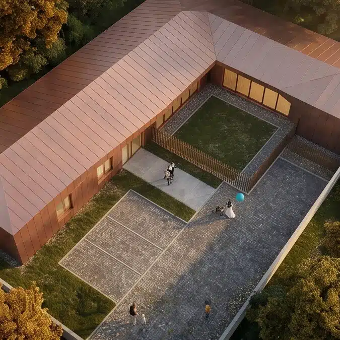 Vue axonométrique du projet de crèche à Amiens : implantation et organisation des espaces d'accueil petite enfance