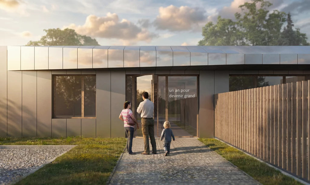 Façade d'entrée de la crèche à Amiens : volumes accueillants et ouverture lumineuse pensés pour rassurer enfants et parents