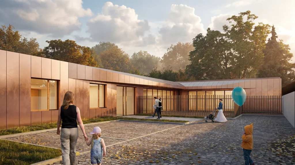 Vue depuis la cour de la crèche « Un an pour devenir grand » à Amiens, projet d'architecture petite enfance par l'Atelier Seigneur