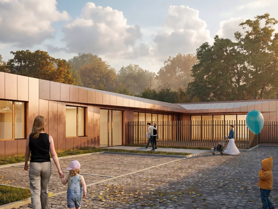 Vue depuis la cour de la crèche « Un an pour devenir grand » à Amiens, projet d'architecture petite enfance par l'Atelier Seigneur