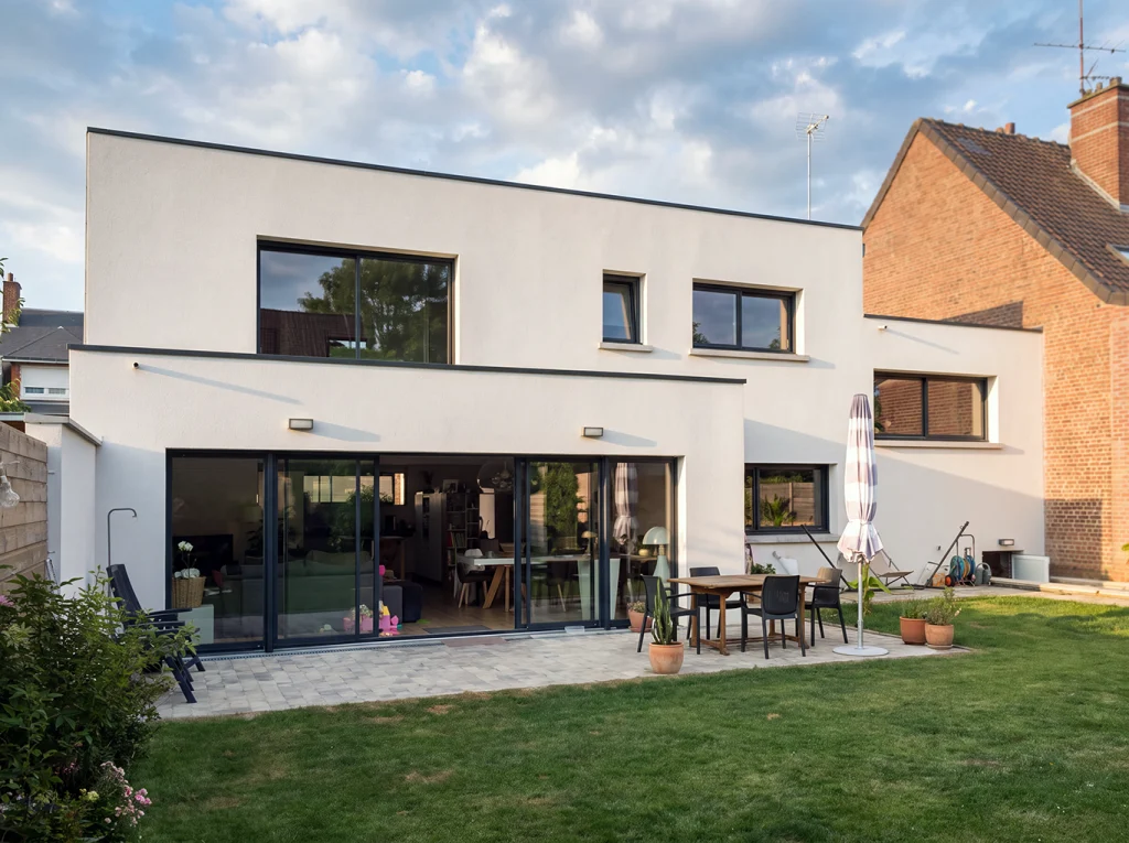 Façade sur jardin avec large baie vitrée au rez-de-jardin, terrasse dallée et étage en retrait.