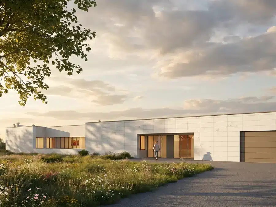 Façade principale de la maison contemporaine S à Montdidier — bardage en panneaux de pierre blanche texturée et garage en bronze anodisé