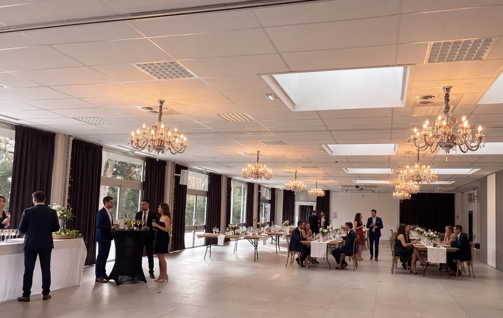 Salle de réception éclairée par de grandes baies et des ouvertures en toiture