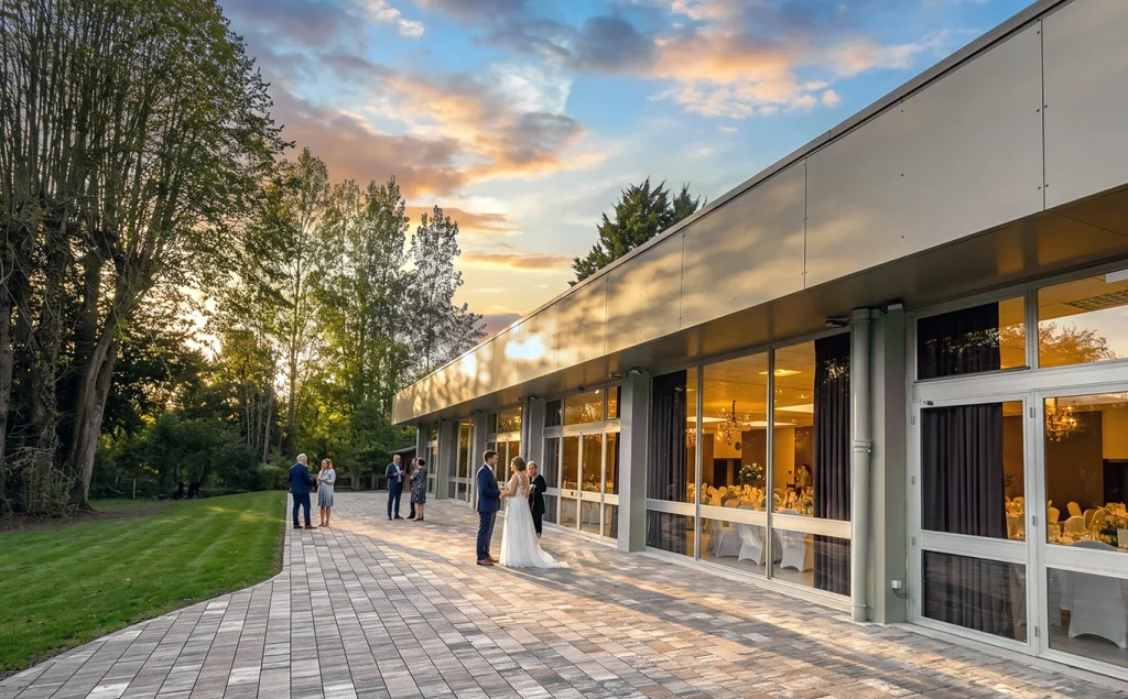 Terrasse de la salle de réception ouverte sur la pelouse et le parc arboré