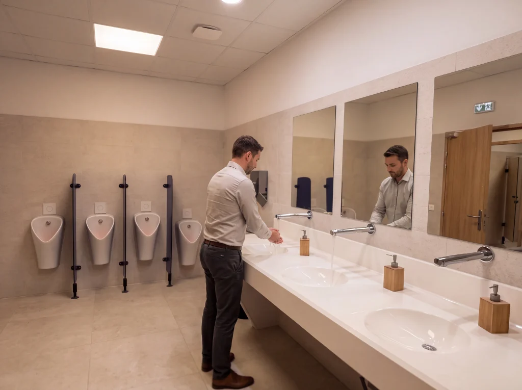 Sanitaires avec plan de vasques et grands miroirs au Domaine du Petit Château