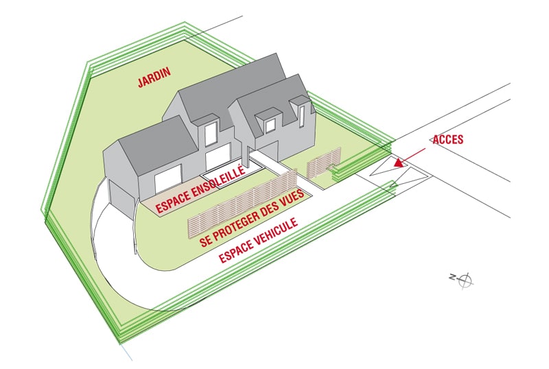 Axonométrie de la maison de Saint-Fuscien montrant son implantation sur la parcelle