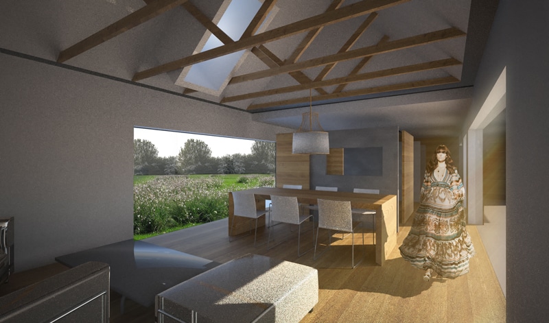 Intérieur de la maison de Saint-Fuscien ouvert sur les espaces extérieurs