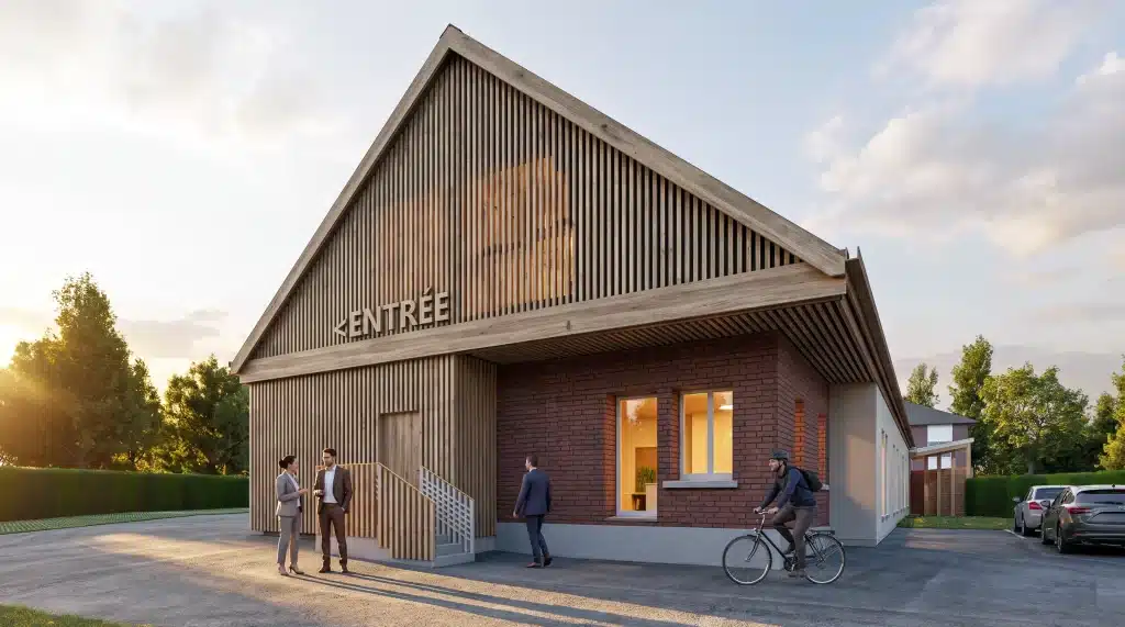 Perspective du projet Cernodo à Grandvilliers : pignon en bardage bois ajouré, soubassement en brique et signalétique « Entrée » de la Chambre d'Agriculture de l'Oise