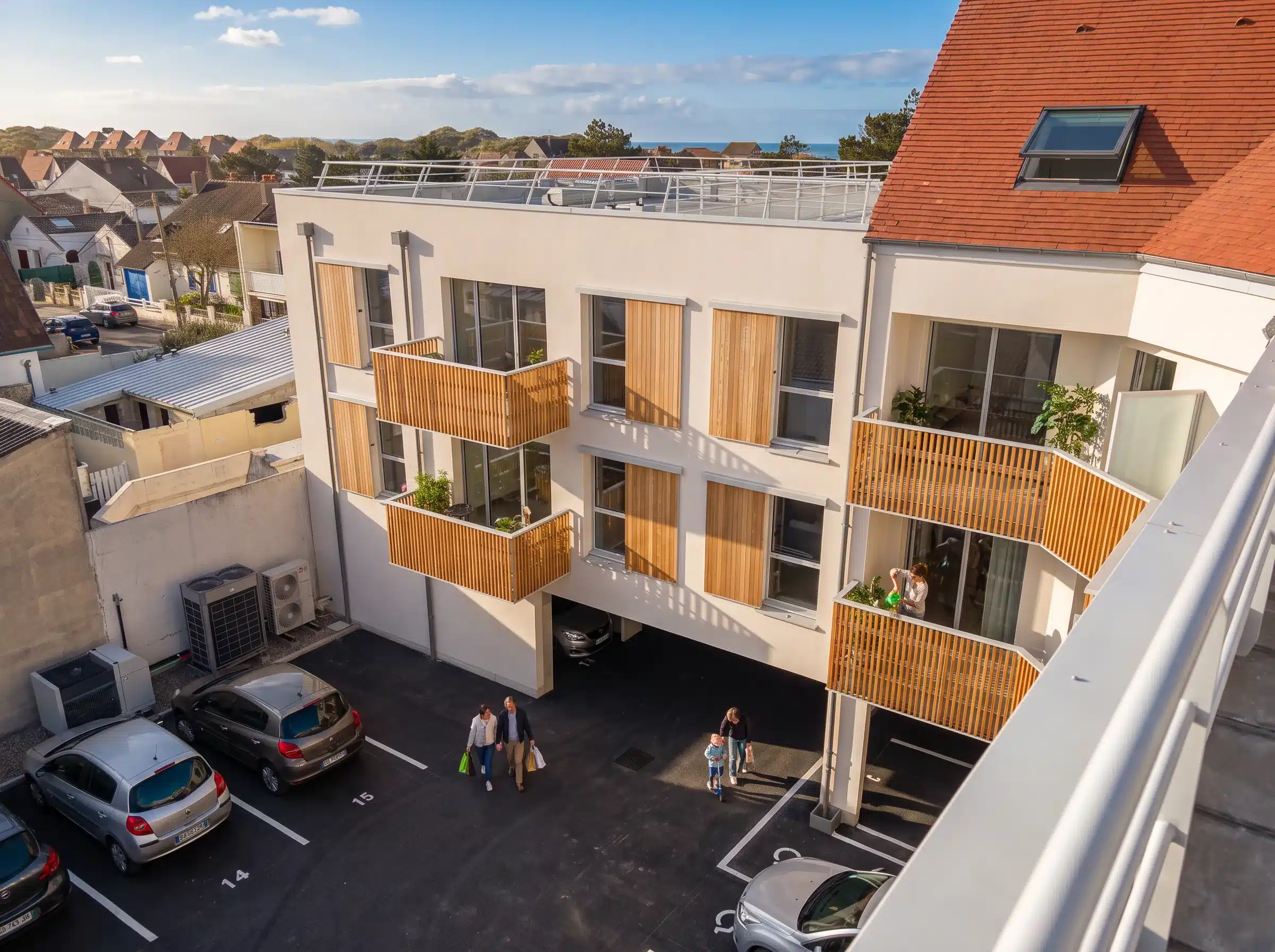 Cour intérieure de la résidence du Bois Flotté à Quend-Plage vue d'en haut, balcons et volets coulissants en lames de bois