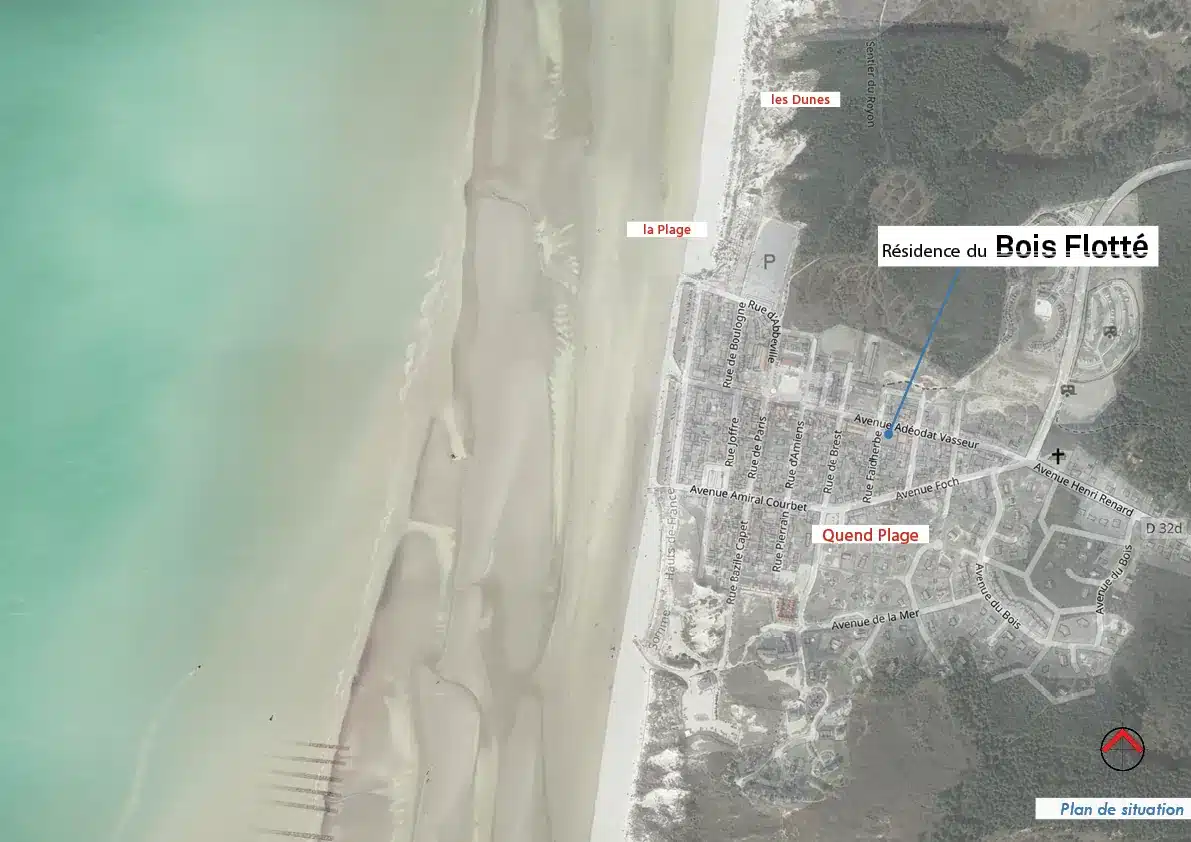 Plan de situation de la résidence du Bois Flotté à Quend-Plage, entre la plage, les dunes et le centre de la station