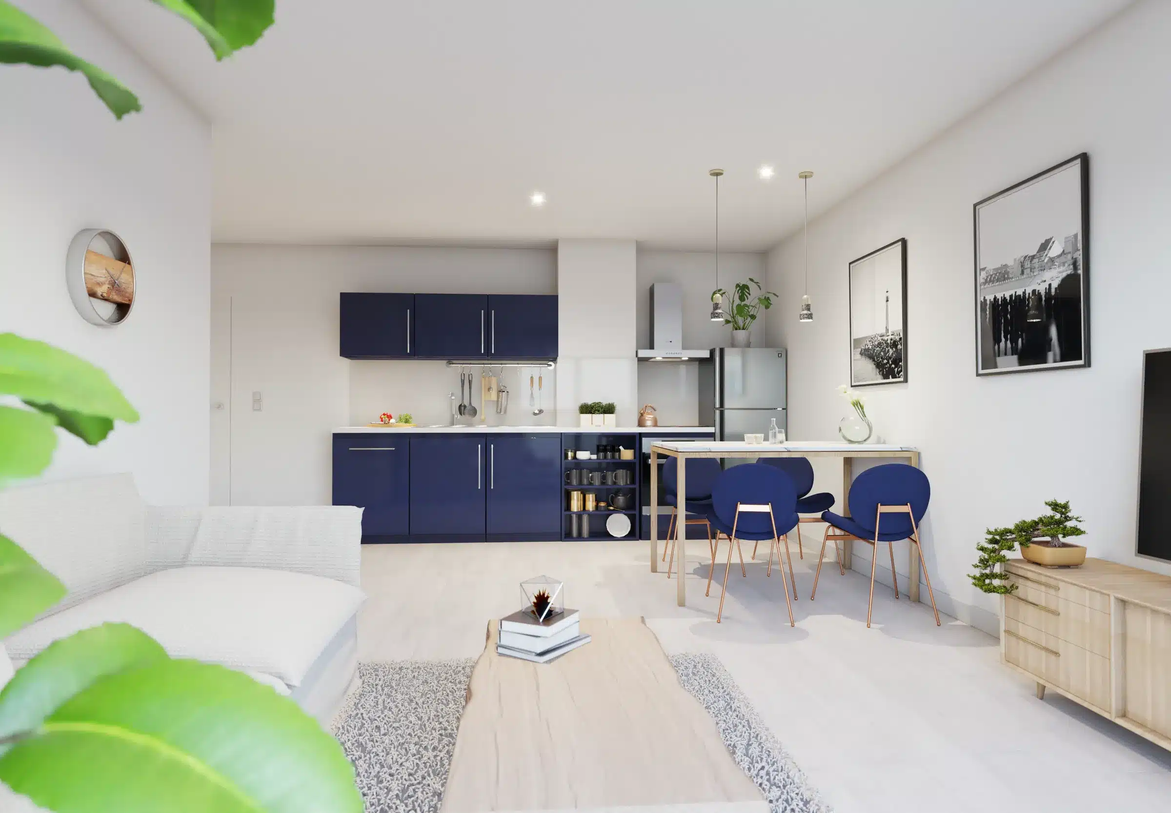 Vue intérieure d'un appartement de la résidence du Bois Flotté à Quend-Plage, séjour ouvert sur la cuisine