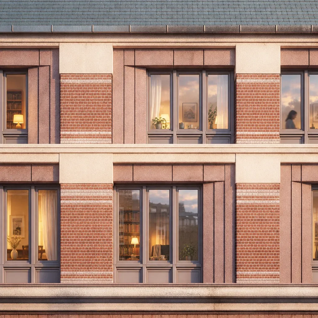 Détail de façade : brique de Beauvais ivoire et rouge, encadrements de baies en zinc pigmenté et bandeaux ton pierre