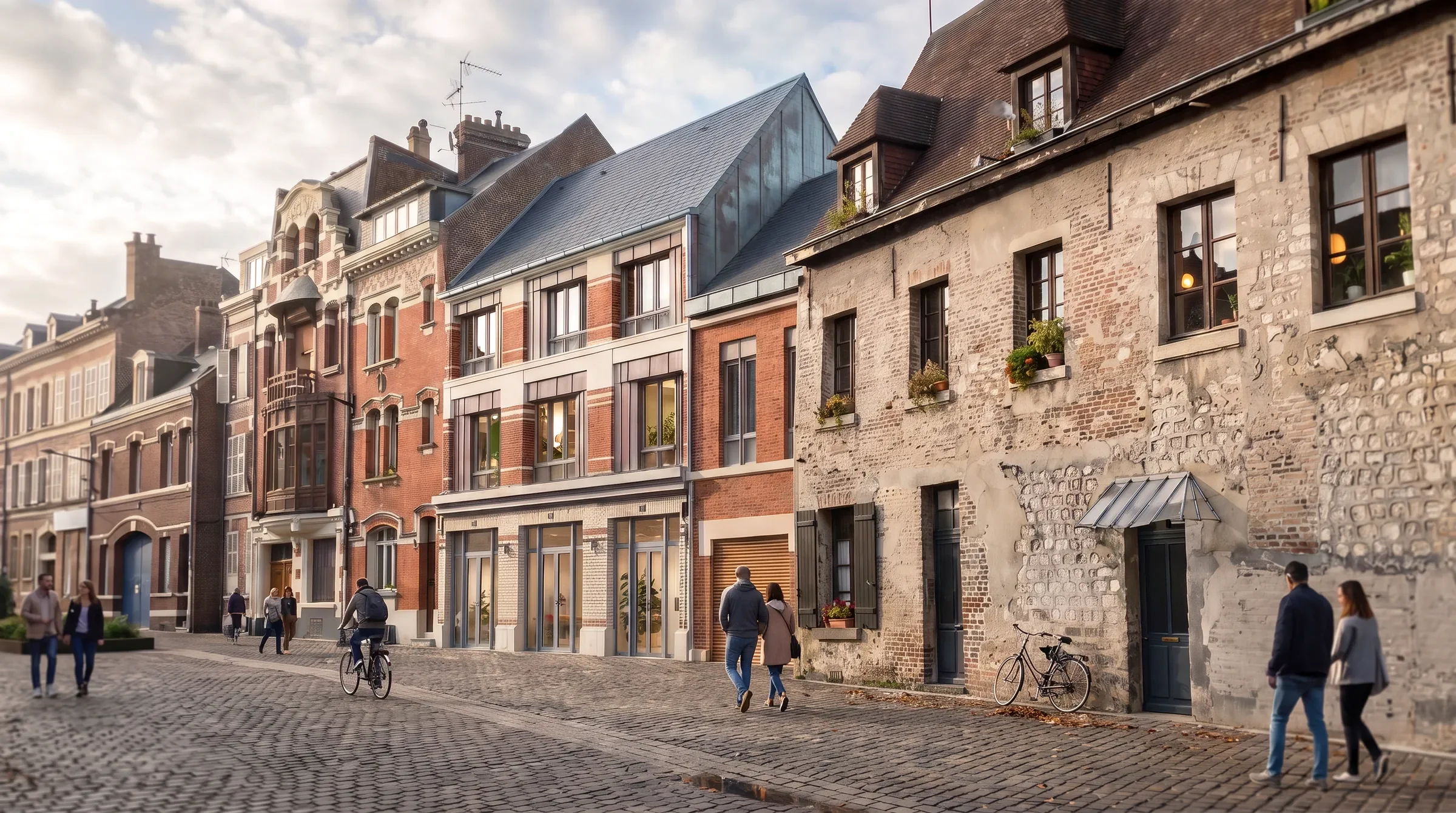 Perspective de la rue Robert de Luzarches : la surélévation sous toiture d'ardoise entre ses voisins de brique et de pierre