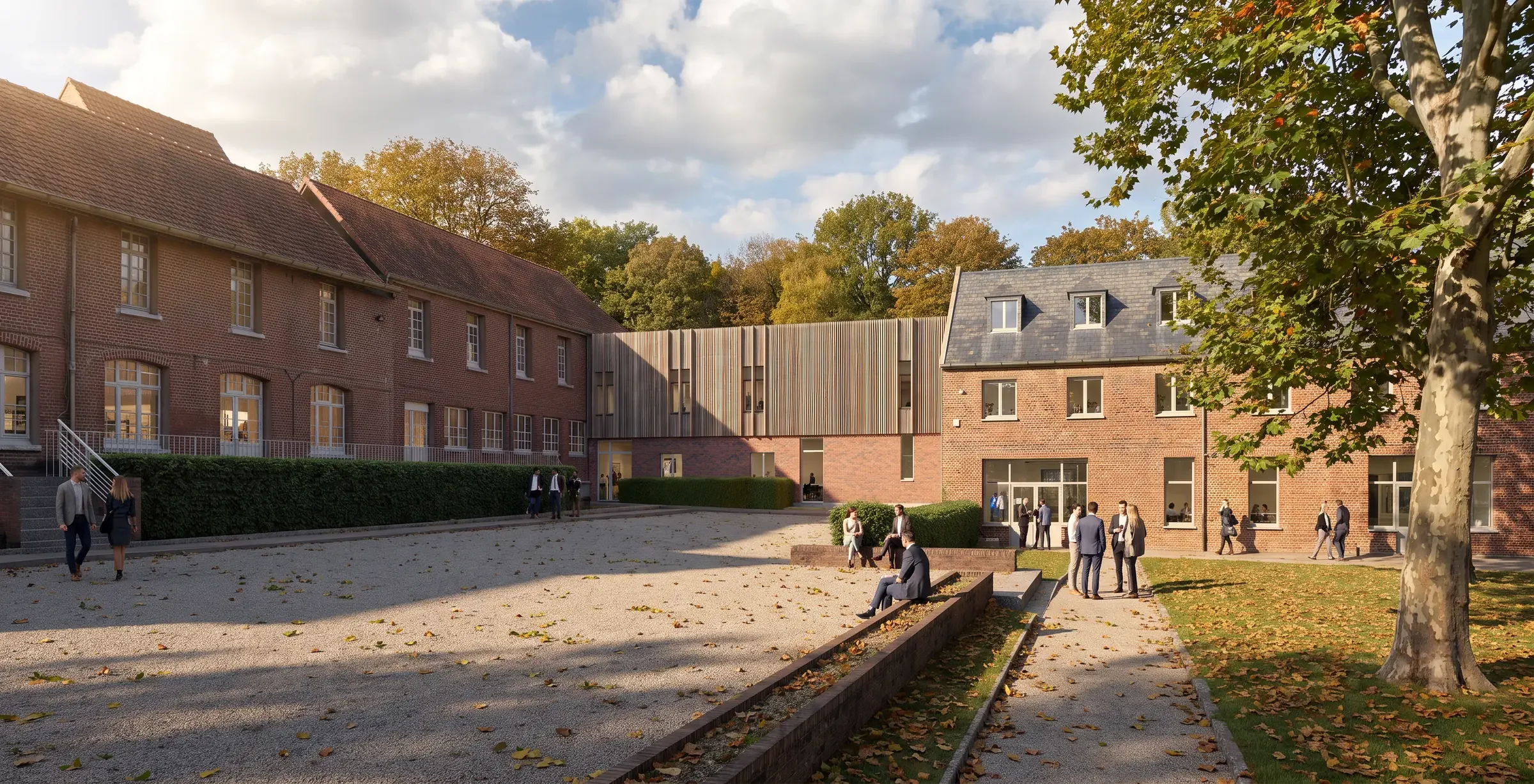 Cour du site UFCV de Bouvines : volume de liaison en bardage bois sur socle de brique entre l'ancien couvent et le bâtiment Pays du Nord