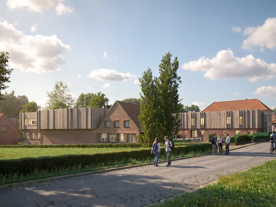Perspective du site UFCV depuis la rue Saint-Hubert à Bouvines : surélévation en bois, maisons de brique et bâtiment neuf à toiture de tuiles