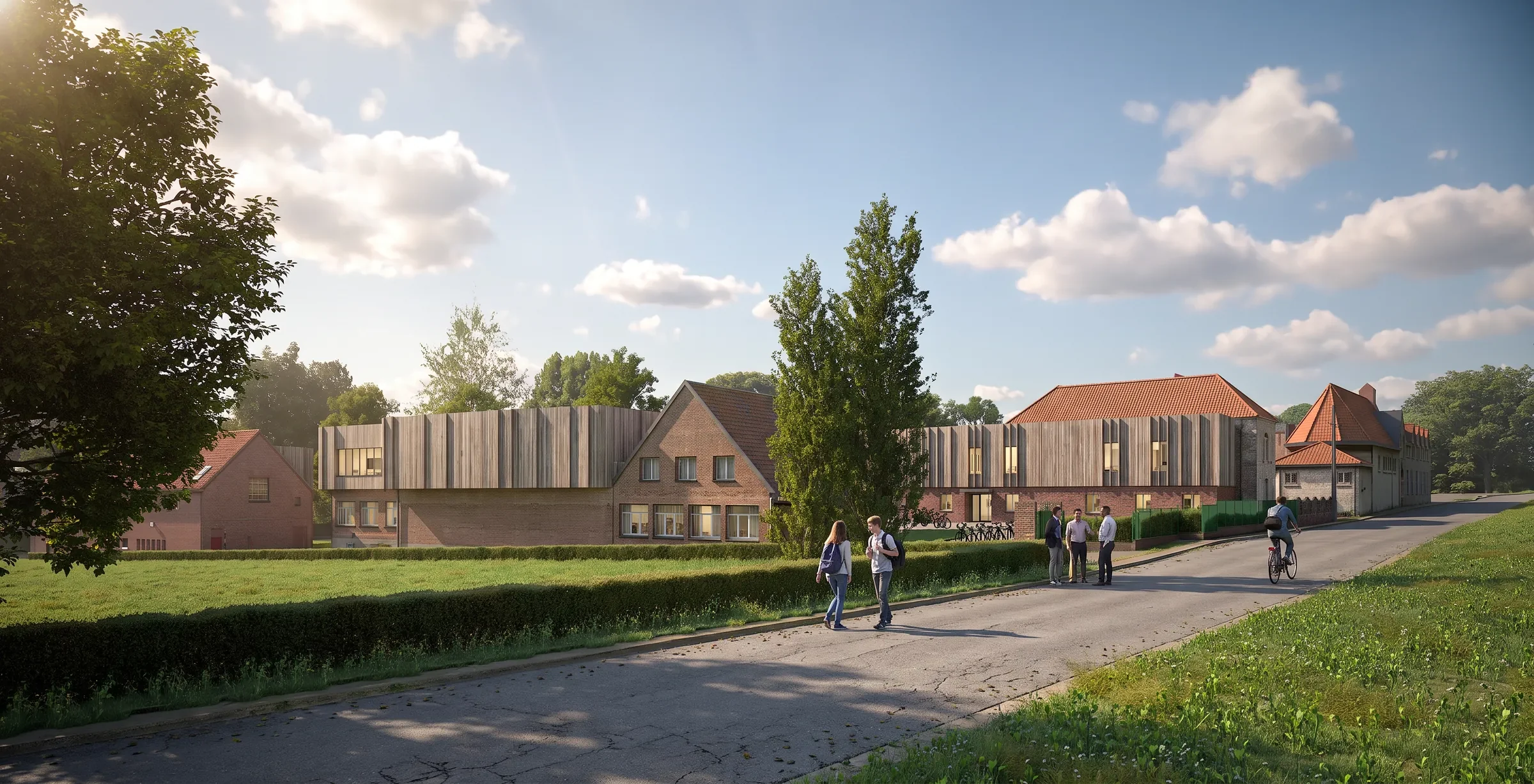 Perspective du site UFCV depuis la rue Saint-Hubert à Bouvines : surélévation en bois, maisons de brique et bâtiment neuf à toiture de tuiles