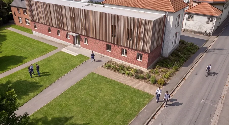 Vue aérienne de la surélévation en bois du bâtiment Audiovisuel du site UFCV de Bouvines, entre pelouses et rue Saint-Hubert